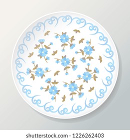 Decorative plate with floral composition of beautiful blue flowers. Vector illustration.