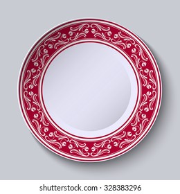 Decorative plate with floral painting on the edge of the ethnic oriental style, isolated on gray background. Vector illustration.