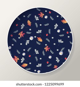 Decorative plate with flowers, leaves and berries. Ditsy floral pattern. Vector illustration