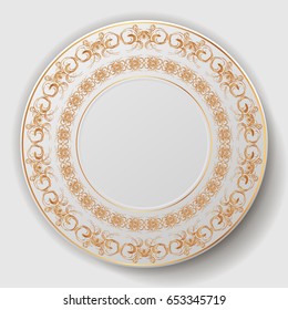 decorative plate. Plate with gold ornament. vector illustration