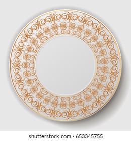 decorative plate. Plate with gold ornament. vector illustration