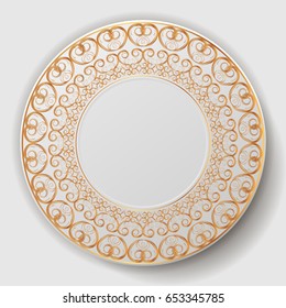 decorative plate. Plate with gold ornament. vector illustration