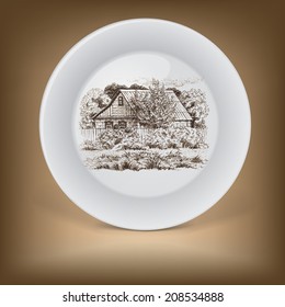 Decorative plate with image of farmhouse. Hand drawing illustration
