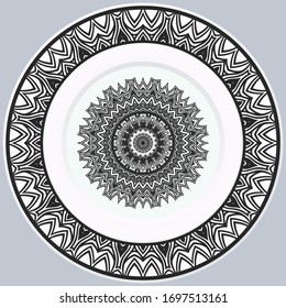 plato decorativo para el diseño interior. Plato vacío, plato de porcelana se burla del diseño. Ilustración vectorial.
