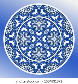 Decorative plate and mandala for interior design in blue. Home decor. porcelain design. 