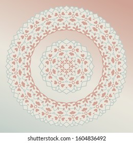 Decorative plate and mandala for interior design in white, pink and blue. Home decor. porcelain design.