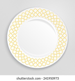 Decorative plate with patterned border, on gray background, top view. Vector illustration.