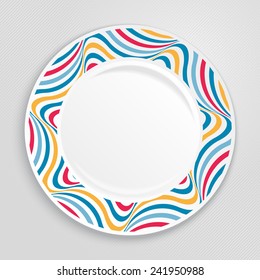 Decorative plate with patterned border, on gray background, top view. Vector illustration.