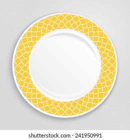 Decorative plate with patterned border, on gray background, top view. Vector illustration.