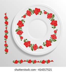 Decorative plate with round ethnic ornament. Ukrainian style.  Floral rose pattern. Vintage background of napkin. Traditional green and red elements.