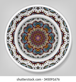 Decorative plate with round ethnic style ornament. Mandala circular abstract floral pattern. Fashion background with ornate dish. Vector illustration