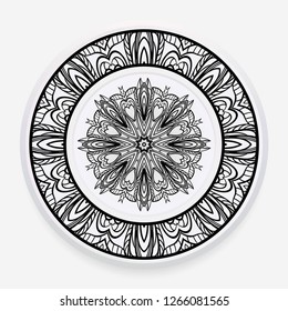 Decorative plate with round mandala ornament. Abstract floral pattern in ethnic style. Vector illustration.