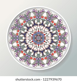 Decorative plate. Round ornament with birds, flowers and leaves. Vector illustration.