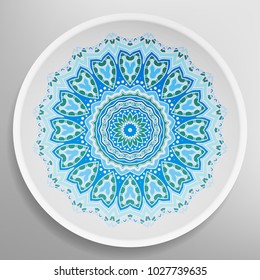 Decorative plate with round ornament in ethnic style. Mandala circular abstract floral pattern. Fashion background with ornate dish. Vector illustration