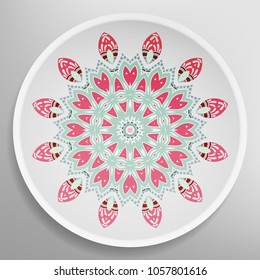 Decorative plate with round ornament in ethnic style. Mandala circular abstract floral pattern. Fashion background with ornate dish. Vector illustration