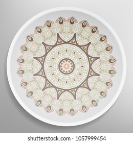 Decorative plate with round ornament in ethnic style. Mandala circular abstract floral pattern. Fashion background with ornate dish. Vector illustration