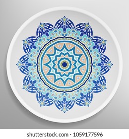 Decorative plate with round ornament in ethnic style. Mandala circular abstract floral pattern. Fashion background with ornate dish. Vector illustration
