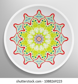 Decorative plate with round ornament in ethnic style. Mandala circular abstract floral pattern. Fashion background with ornate dish. Vector illustration