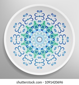 Decorative plate with round ornament in ethnic style. Mandala circular abstract floral pattern. Fashion background with ornate dish. Vector illustration