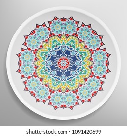 Decorative plate with round ornament in ethnic style. Mandala circular abstract floral pattern. Fashion background with ornate dish. Vector illustration