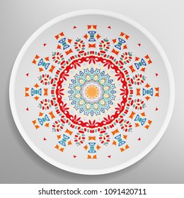 Decorative plate with round ornament in ethnic style. Mandala circular abstract floral pattern. Fashion background with ornate dish. Vector illustration