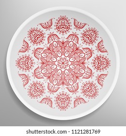 Decorative plate with round ornament in ethnic style. Mandala circular abstract floral pattern. Fashion background with ornate dish. Vector illustration