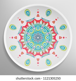 Decorative plate with round ornament in ethnic style. Mandala circular abstract floral pattern. Fashion background with ornate dish. Vector illustration