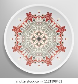 Decorative plate with round ornament in ethnic style. Mandala circular abstract floral pattern. Fashion background with ornate dish. Vector illustration