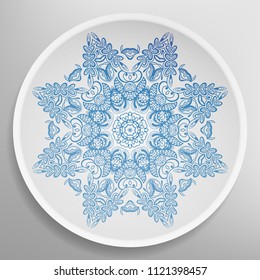 Decorative plate with round ornament in ethnic style. Mandala circular abstract floral pattern. Fashion background with ornate dish. Vector illustration
