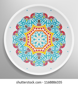 Decorative plate with round ornament in ethnic style. Mandala circular abstract gemetric floral pattern. Fashion background with ornate dish. Interior home decor, vector illustration