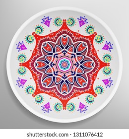 Decorative plate with round ornament in ethnic style. Mandala circular abstract geometric floral pattern. Fashion background with ornate dish. Interior home decor, vector illustration