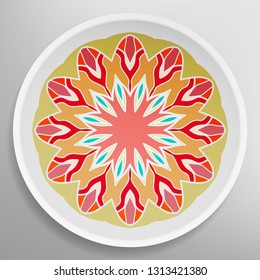 Decorative plate with round ornament in ethnic style. Mandala circular abstract geometric floral pattern. Fashion background with ornate dish. Interior home decor, vector illustration