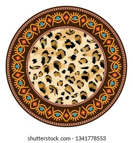 Decorative plate with round ornament in ethnic tribal symbols style. Vector illustration.
