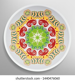 Decorative plate with round ornament in ethnic style. Mandala circular abstract geometric floral pattern. Fashion background with ornate dish. Interior home decor, vector illustration