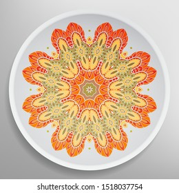 Decorative plate with round ornament in ethnic style. Mandala circular abstract geometric floral pattern. Fashion background with ornate dish. Interior home decor, vector illustration