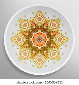 Decorative plate with round ornament in ethnic style. Mandala circular abstract geometric floral pattern. Fashion background with ornate dish. Interior home decor, vector illustration