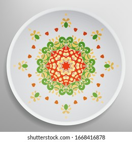 Decorative plate with round ornament in ethnic style. Mandala circular abstract geometric floral pattern. Fashion background with ornate dish. Interior home decor, vector illustration