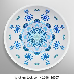 Decorative plate with round ornament in ethnic style. Mandala circular abstract geometric floral pattern. Fashion background with ornate dish. Interior home decor, vector illustration