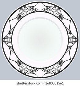 Decorative plate with round ornament in ethnic style. Fashion background with ornate dish. Vector illustration.