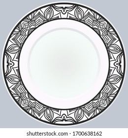 Decorative plate with round ornament in ethnic style. Fashion background with ornate dish. Vector illustration.