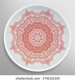 Decorative plate with round ornament in ethnic style. Mandala circular abstract geometric floral pattern. Fashion background with ornate dish. Interior home decor, vector illustration