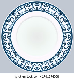 Decorative plate with round ornament in ethnic style. Fashion background with ornate dish. Vector illustration.