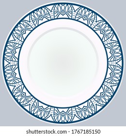 Decorative plate with round ornament in ethnic style. Fashion background with ornate dish. Vector illustration.