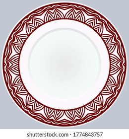 Decorative plate with round ornament in ethnic style. Fashion background with ornate dish. Vector illustration.