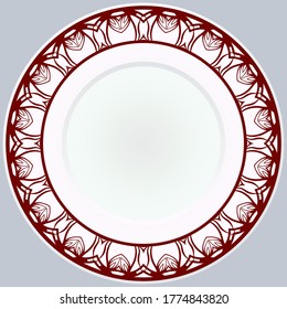 Decorative plate with round ornament in ethnic style. Fashion background with ornate dish. Vector illustration.