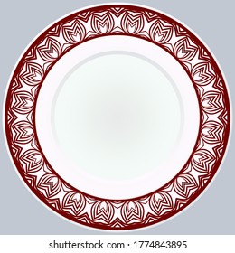 Decorative plate with round ornament in ethnic style. Fashion background with ornate dish. Vector illustration.