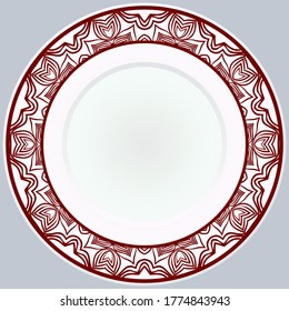 Decorative plate with round ornament in ethnic style. Fashion background with ornate dish. Vector illustration.