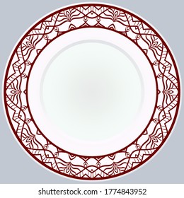 Decorative plate with round ornament in ethnic style. Fashion background with ornate dish. Vector illustration.