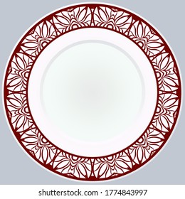 Decorative plate with round ornament in ethnic style. Fashion background with ornate dish. Vector illustration.