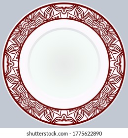 Decorative plate with round ornament in ethnic style. Fashion background with ornate dish. Vector illustration.